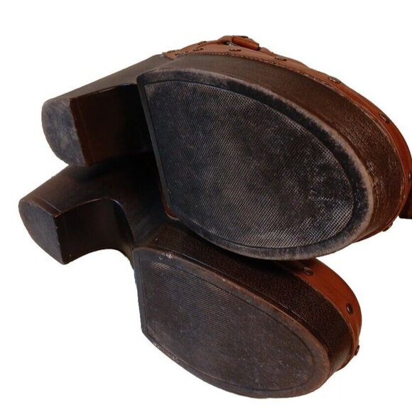 Frye and Co Fabry Womens US 10 Brown Vegan Leather Harness Mules Clogs 4" Heel - Picture 7 of 11